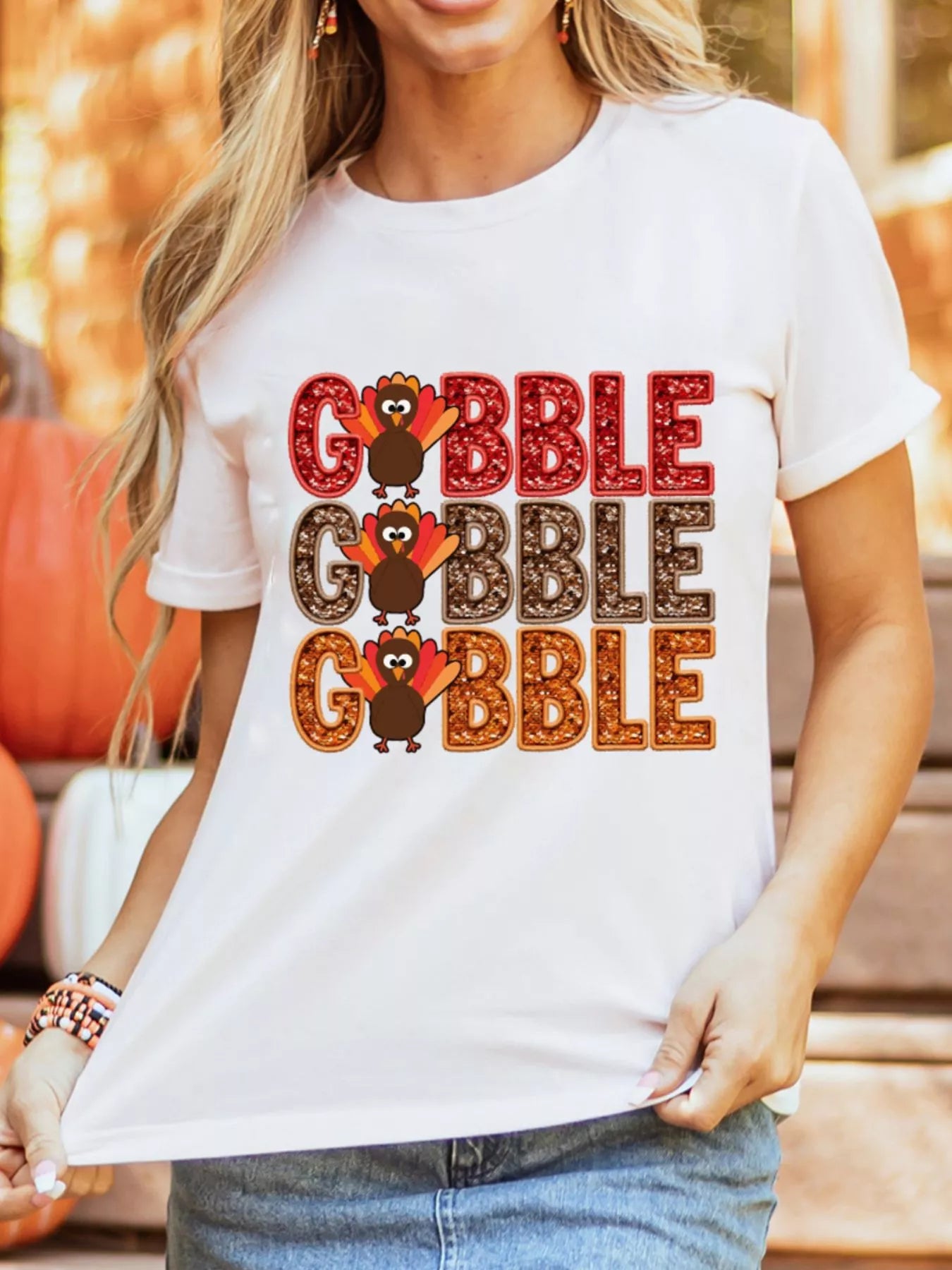 Sarah Express Women's GOBBLE Thanksgiving Turkey Print T-Shirt