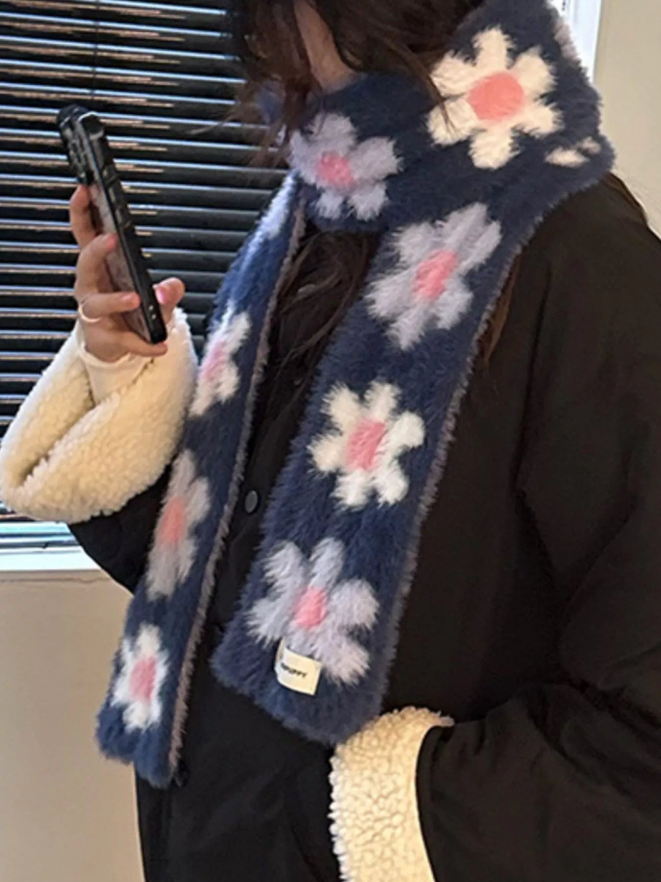 Sarah Express Women's Floral Fuzzy Knit Scarf - Soft Faux Mink Winter Scarf