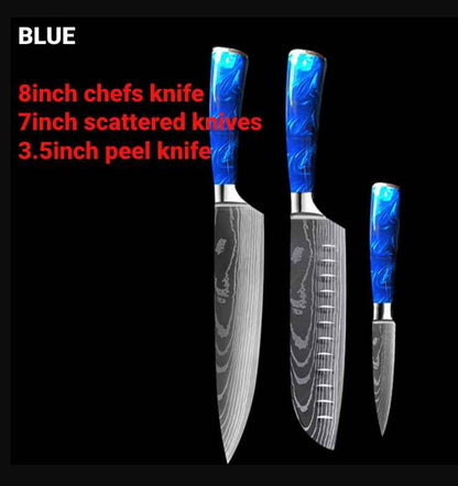 Sarah Express Professional 8-Inch Chef Knife with Blue Resin Handle - Premium Stainless Steel Kitchen Knife Blue 3PC