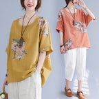 Sarah Express Women's Cotton Linen Printed Top Oversized Short Sleeve Summer Casual Relaxed Fit