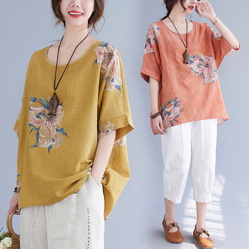 Sarah Express Women's Cotton Linen Printed Top Oversized Short Sleeve Summer Casual Relaxed Fit