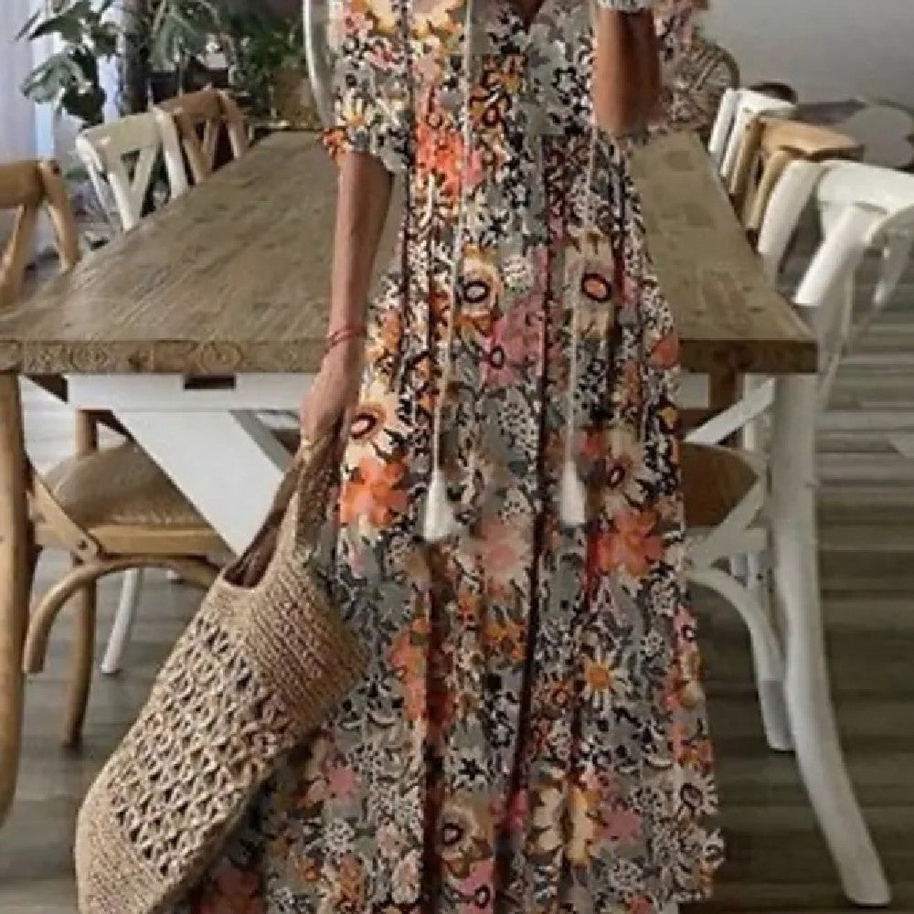 Sarah Express Women's Floral Print V-Neck Maxi Dress Short Sleeve A-Line Pullover