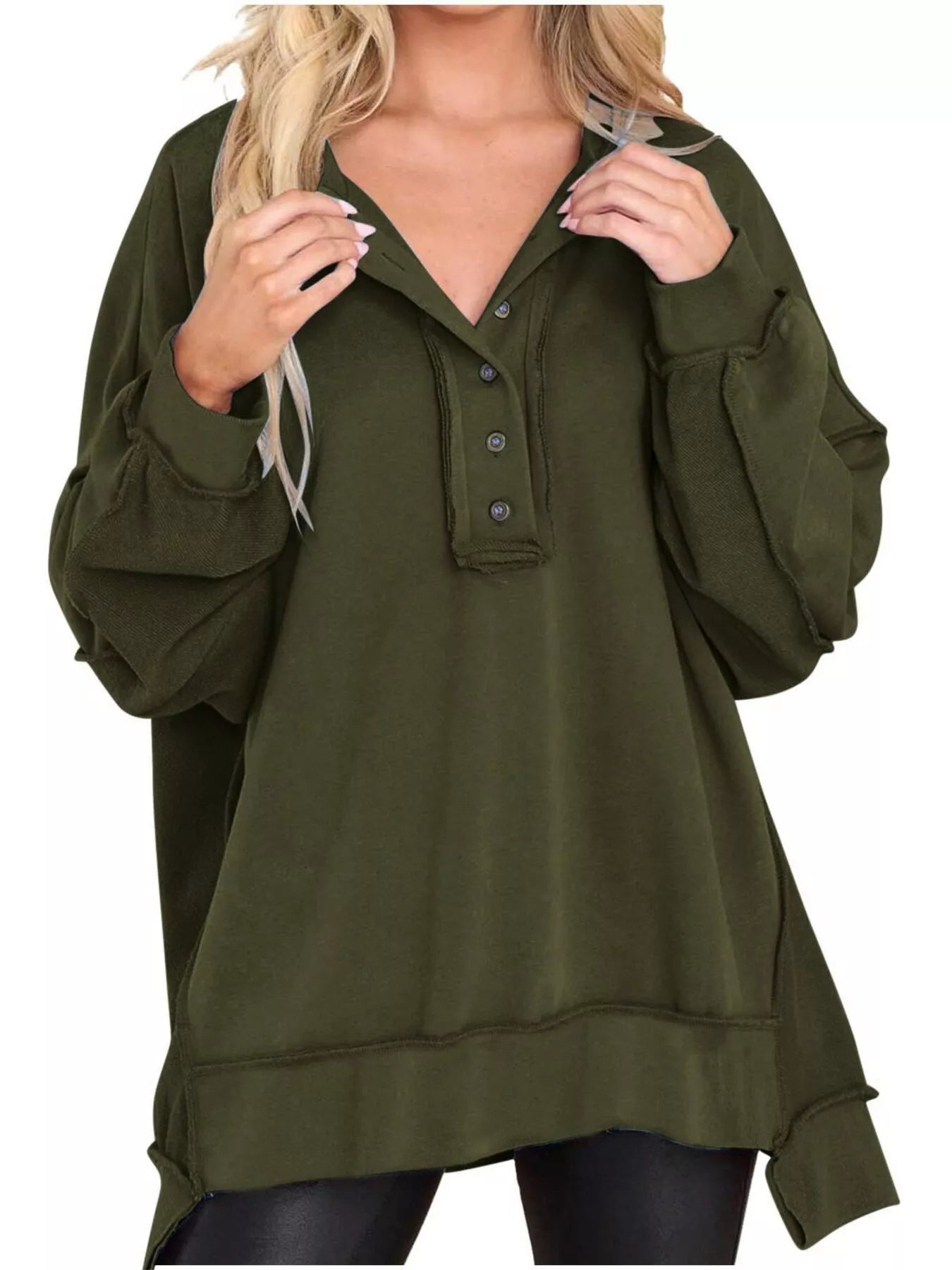 Sarah Express Women's Half Snap Long Sleeve Oversized Sweatshirt Green