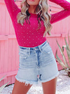 Sarah Express Women's Rhinestone Round Neck Long Sleeve Bodysuit