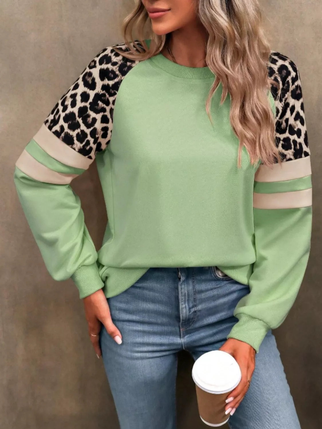 Sarah Express Women's Leopard Raglan Sleeve Striped Sweatshirt