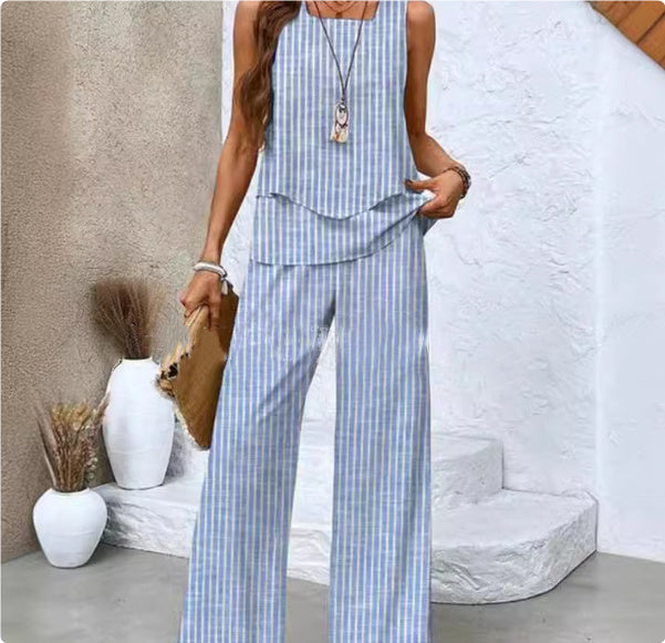 Sarah Express Women's Print Two-Piece Set Sleeveless Double Layer Vest Top Loose Straight Pants Floral Suit