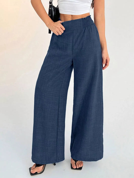 Sarah Express Women's Elastic Waist Wide Leg Pants - Smocked High Waist Palazzo Trousers Navy Blue