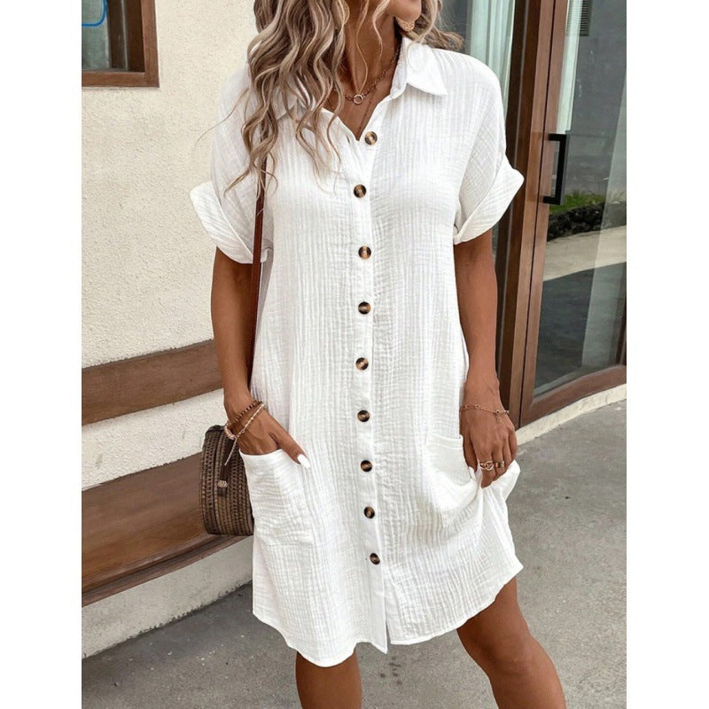 Sarah Express V-Neck Button Front Shirt Dress - A-Line Short Sleeve Women's Dress