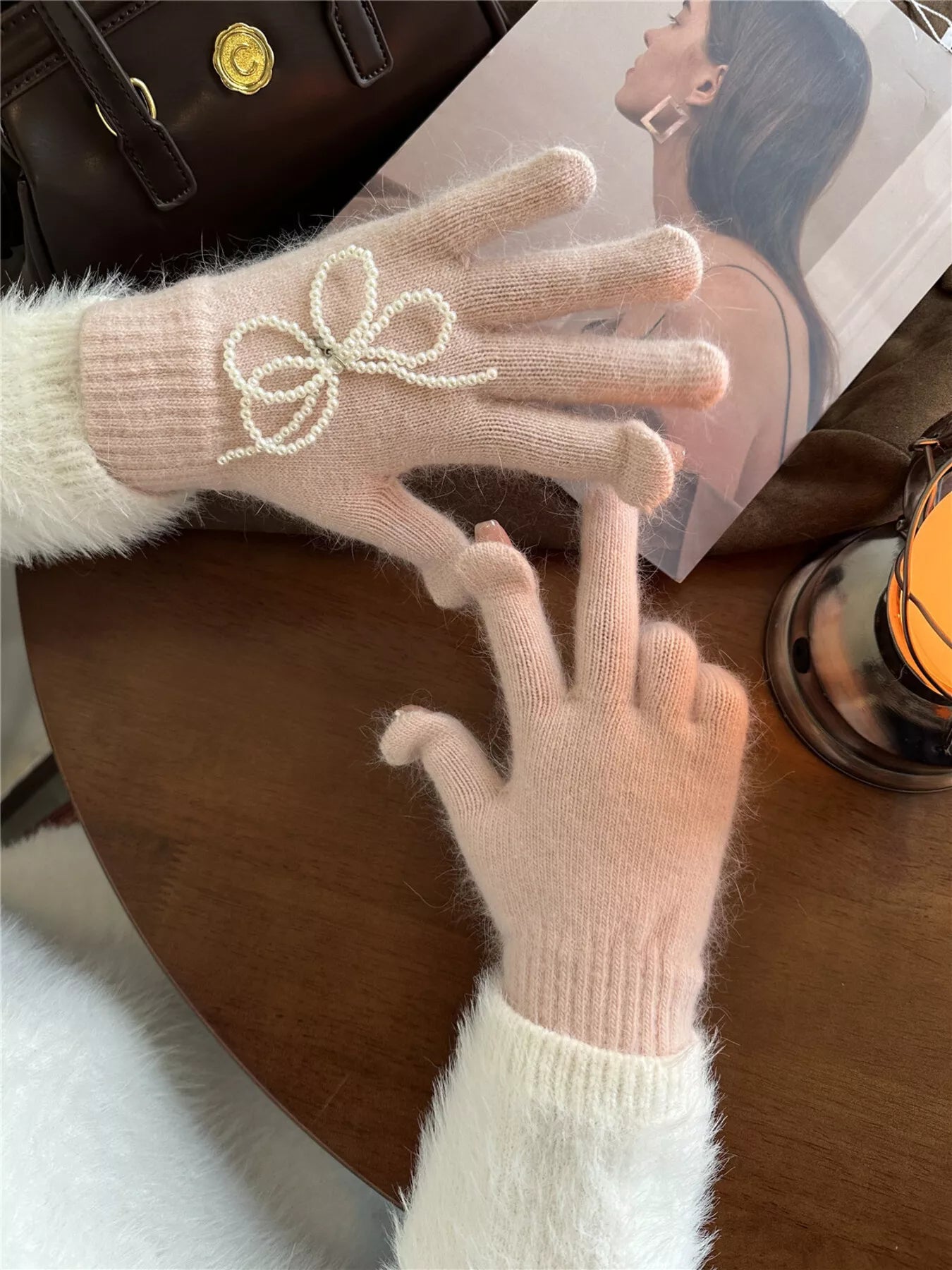 Sarah Express Women's Pearl Embellished Knit Gloves - Winter Fashion Accessory