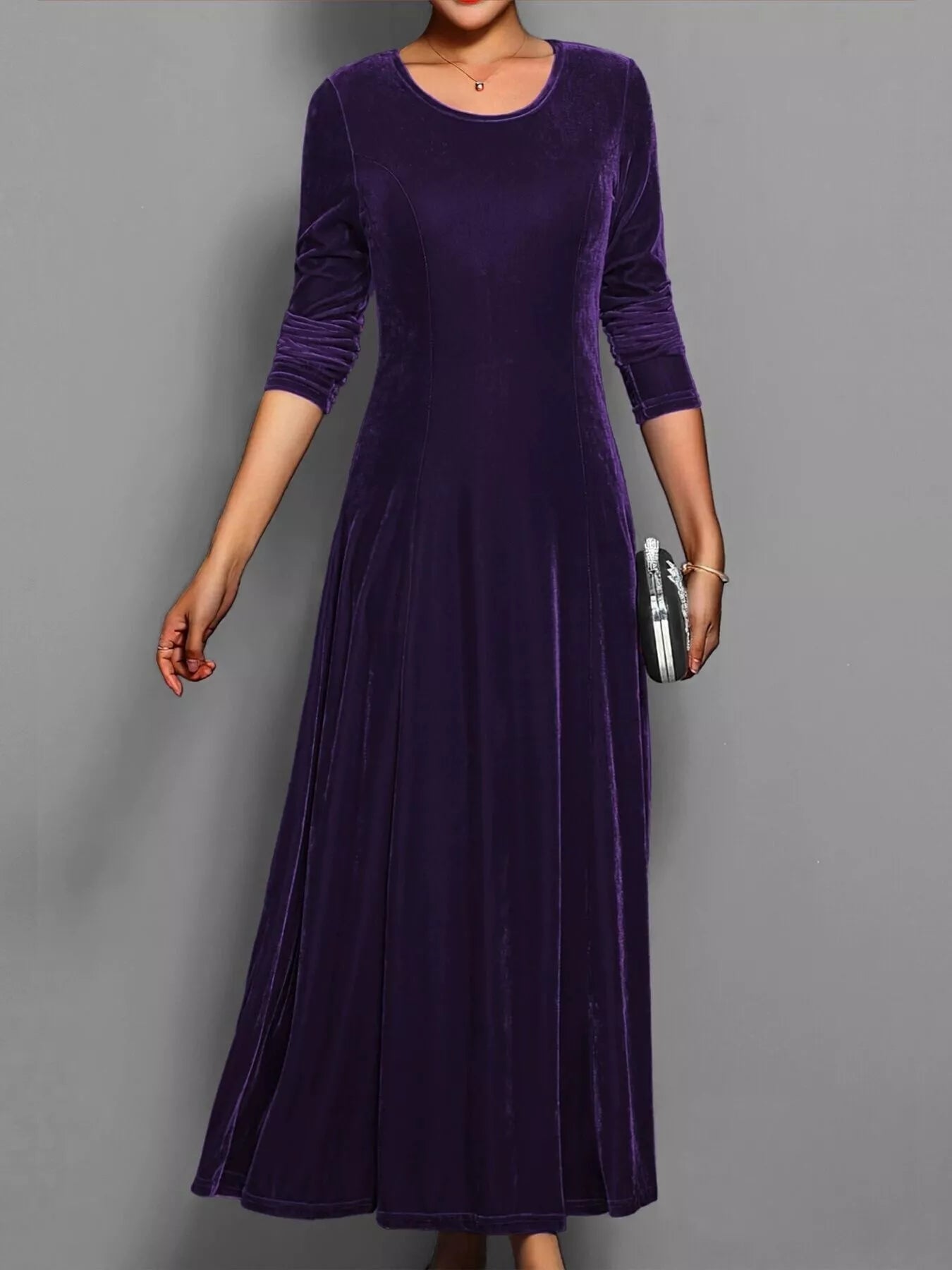 Sarah Express Women's Velvet Long Sleeve A-Line Dress Purple