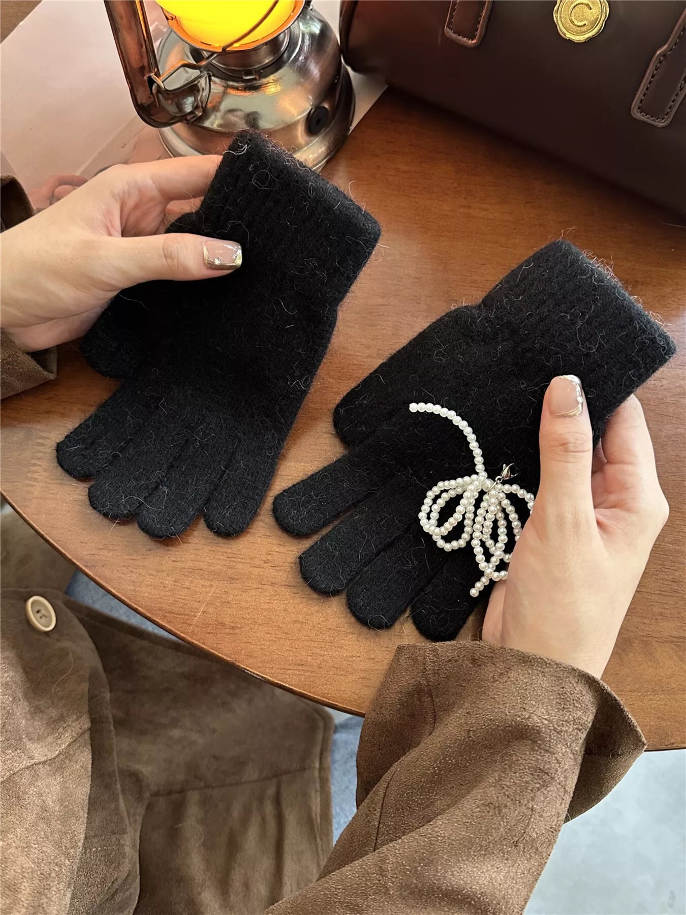 Sarah Express Women's Pearl Embellished Knit Gloves - Winter Fashion Accessory Black ONESIZE