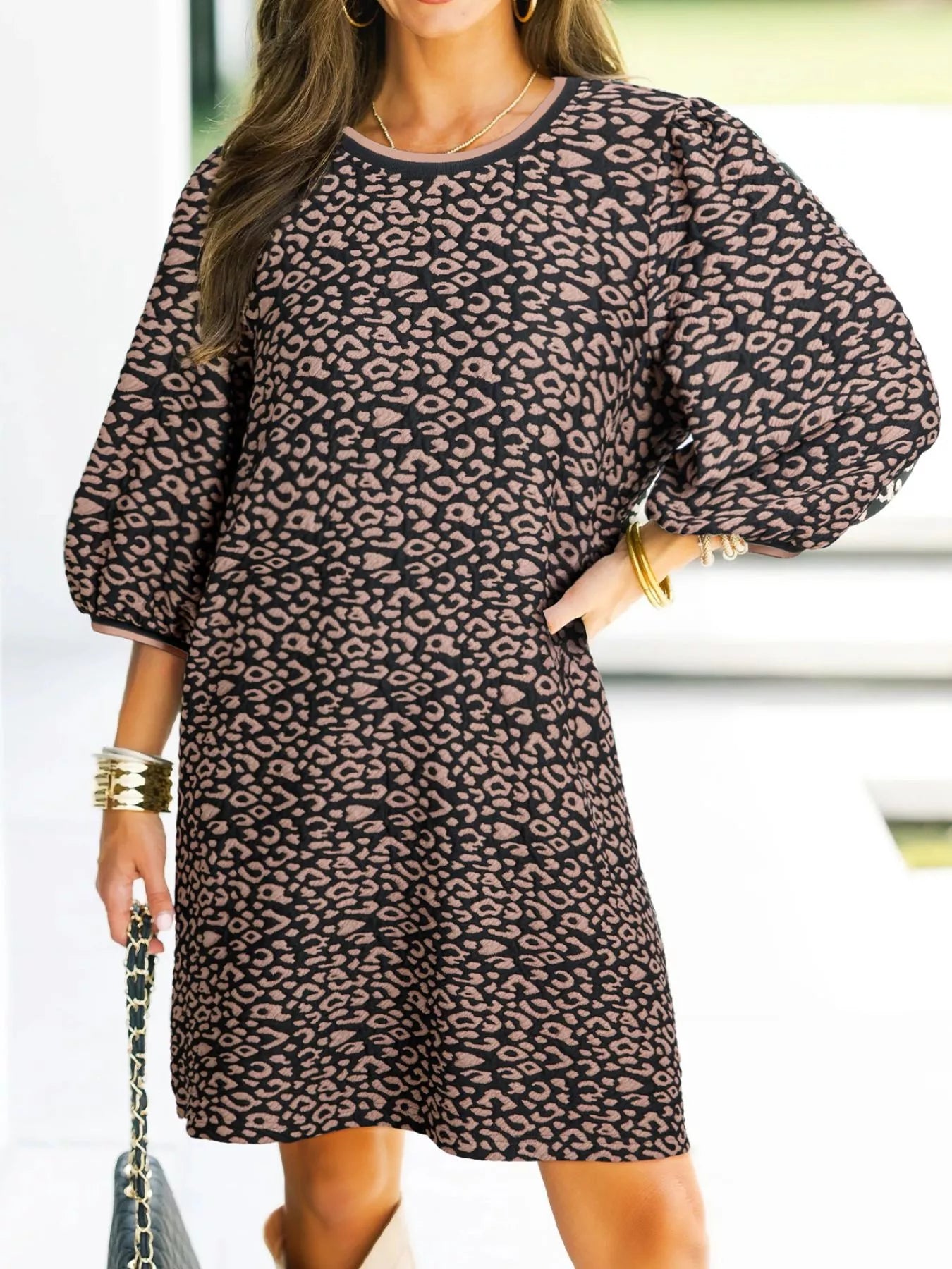 Sarah Express Women's Leopard Print Bubble Sleeve Shift Mini Dress Brown