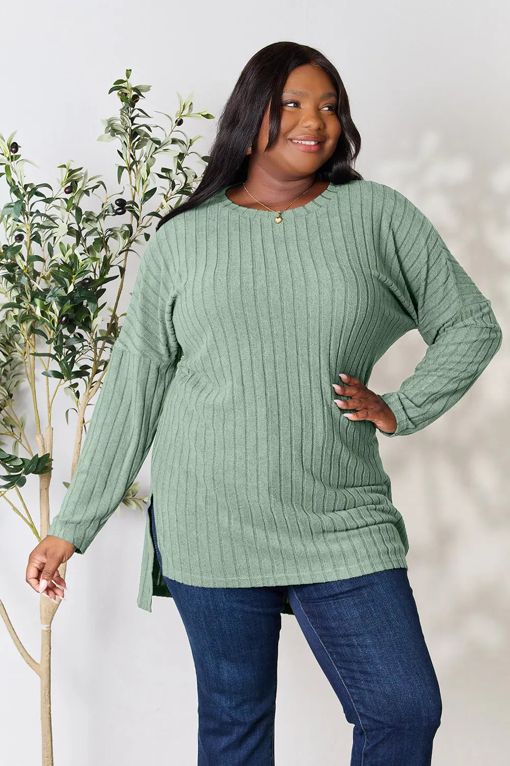 Sarah Express Women's Ribbed Long Sleeve Top with Slit Detail - Basic Bae Light Green