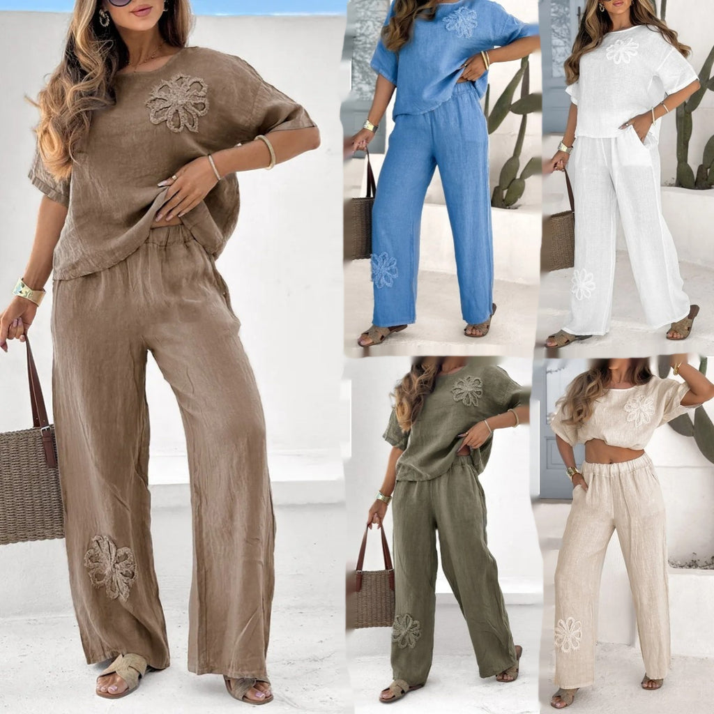 Sarah Express Women's Embroidered 2-Piece Set Quarter Sleeve Top High Waist Pants