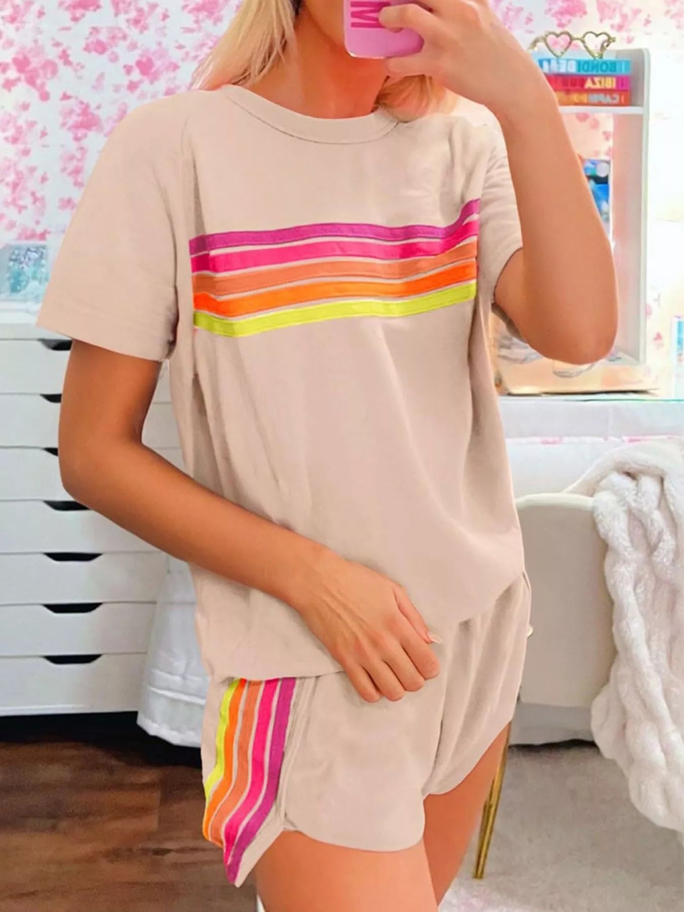 Sarah Express Women's Rainbow Striped Two Piece Set - Round Neck Top & Shorts Lounge Set