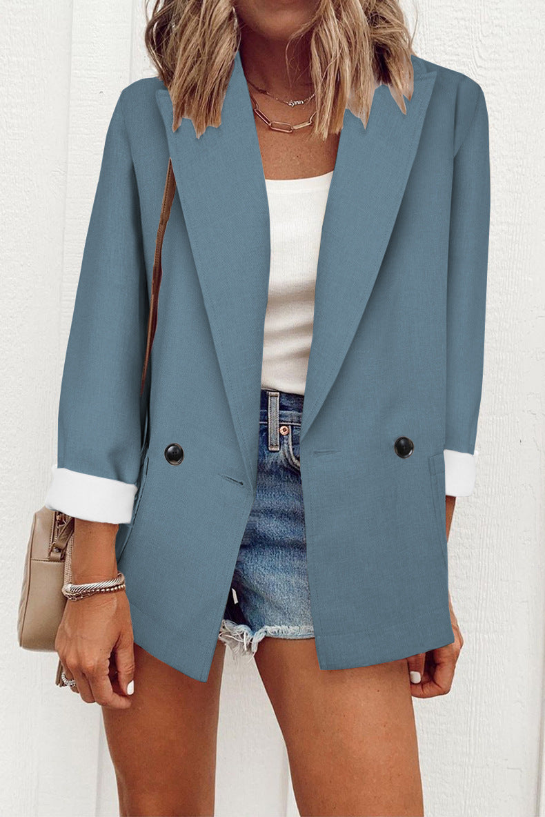 Sarah Express Women's Double-Breasted Blazer Loose Fit Suit Collar Long Sleeve Jacket