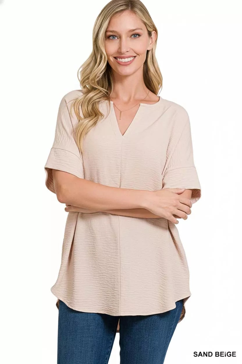 Sarah Express Women's Woven Airflow Split Neck Short Sleeve Top