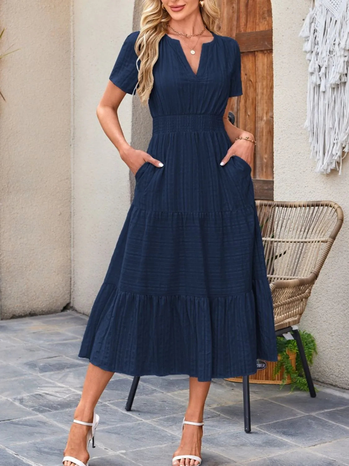 Sarah Express Women's Tiered Notched Short Sleeve Dress Dark Blue