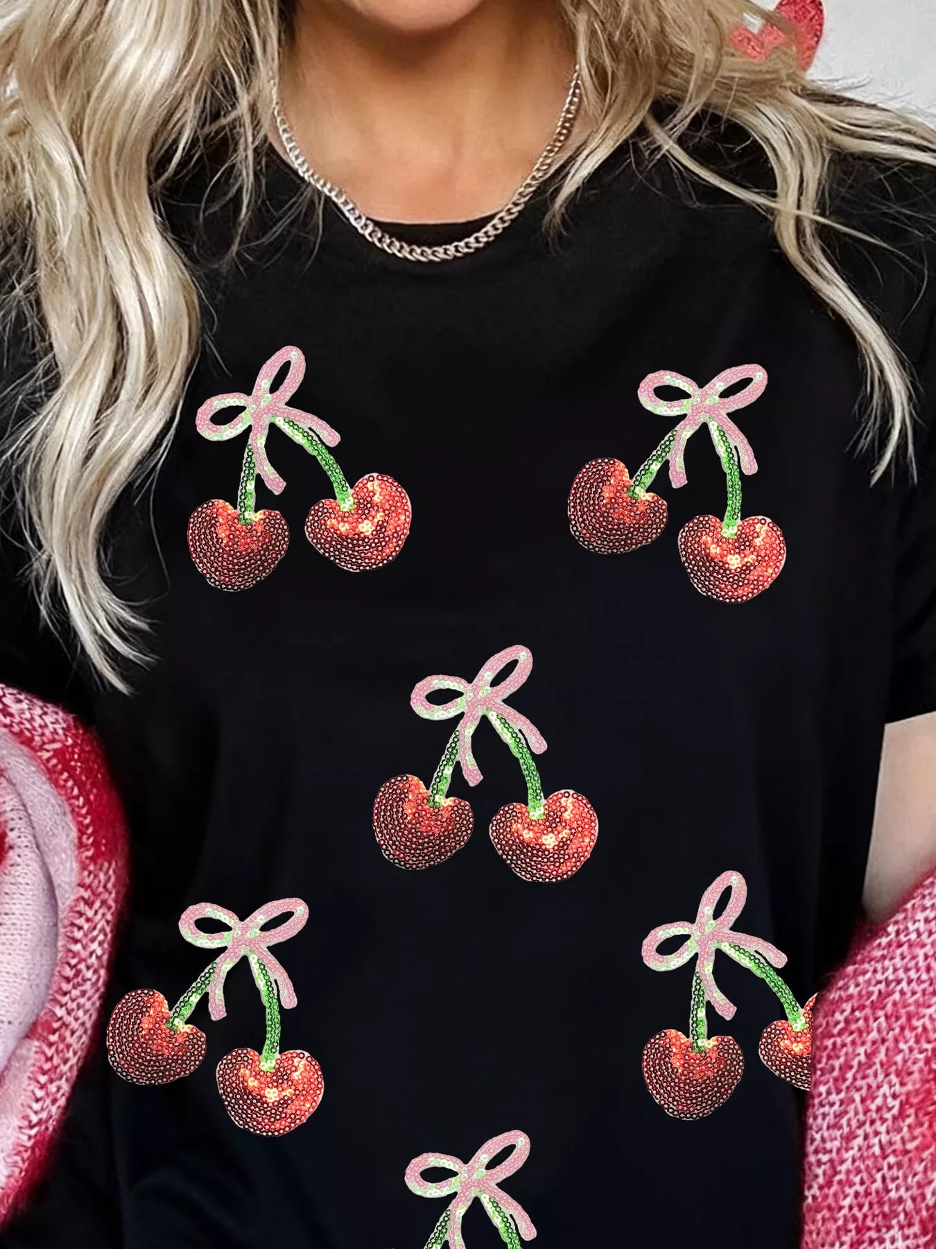 Sarah Express Women's Sequin Bow Cherry Patched Valentine's Tee Plus Size