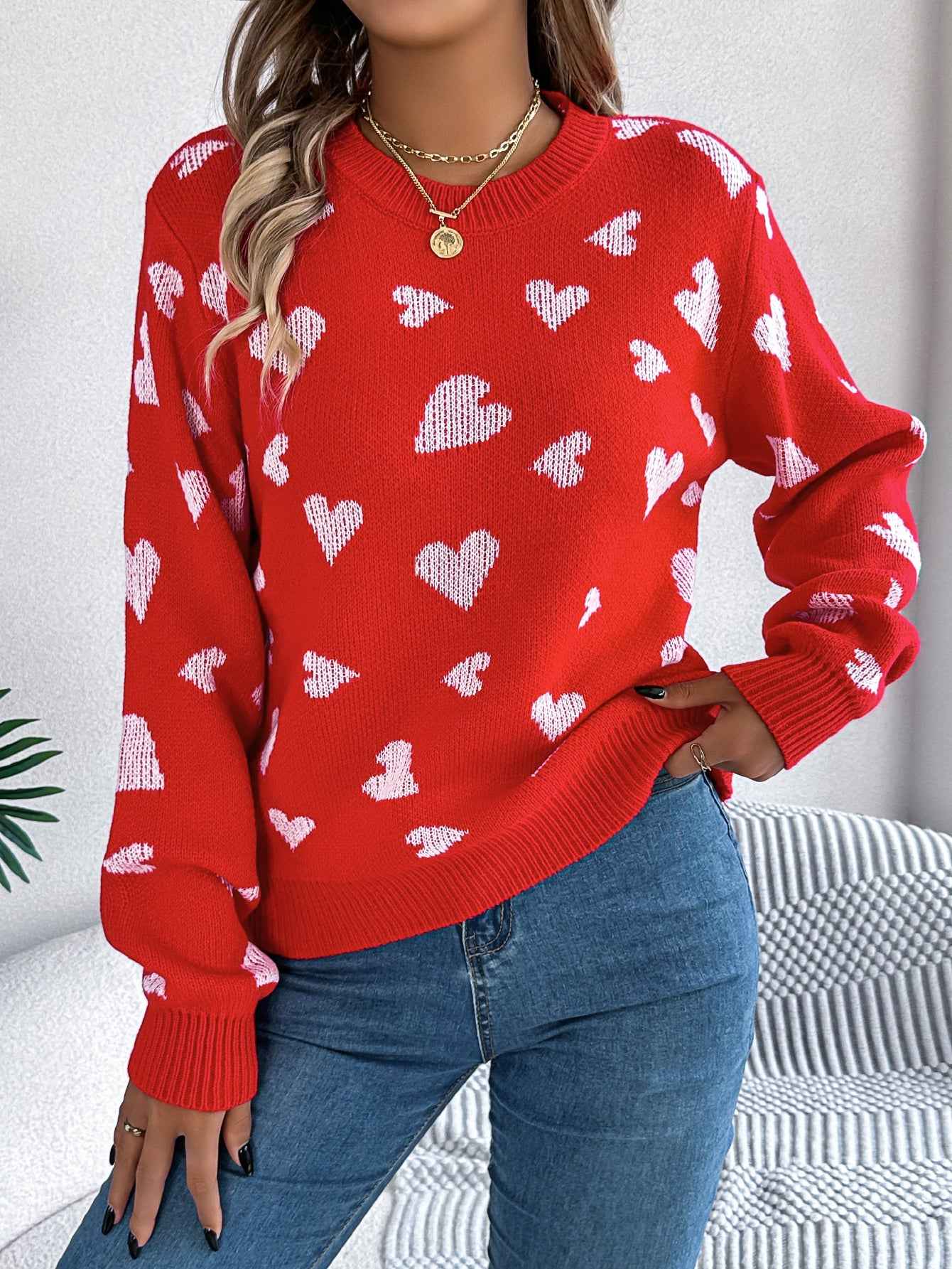 Sarah Express Women's Color Block Heart Lantern Sleeve Pullover Sweater - Casual Knitwear