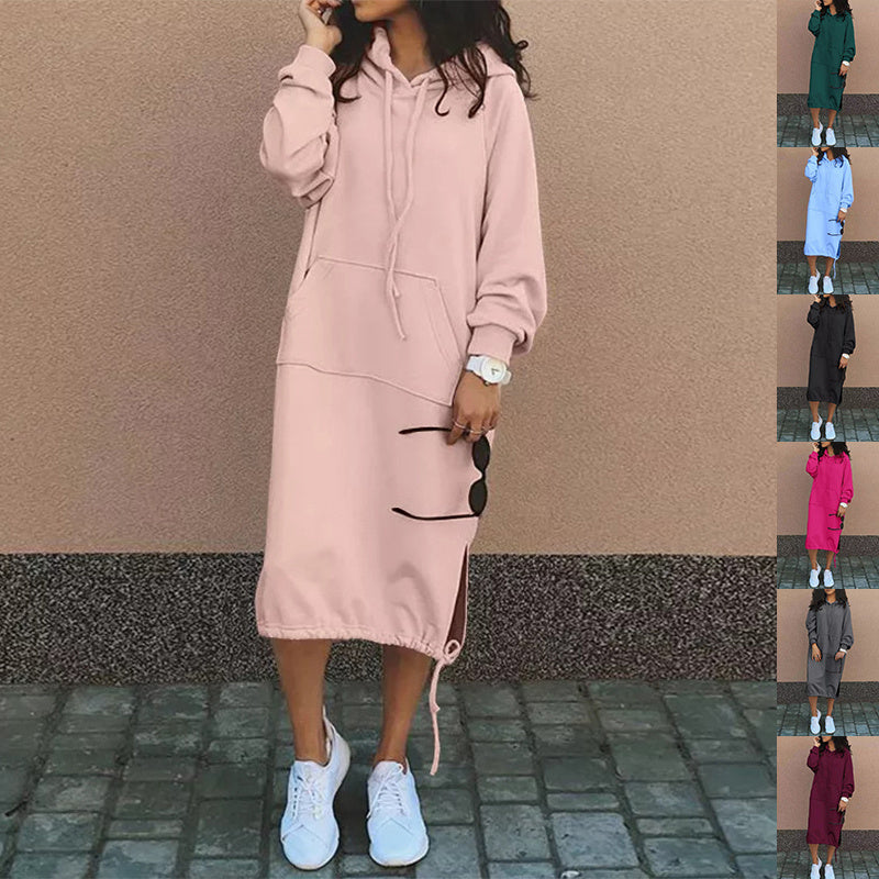 Sarah Express Women's Hooded Sweatshirt Dress Long Sleeve Midi Casual Pockets