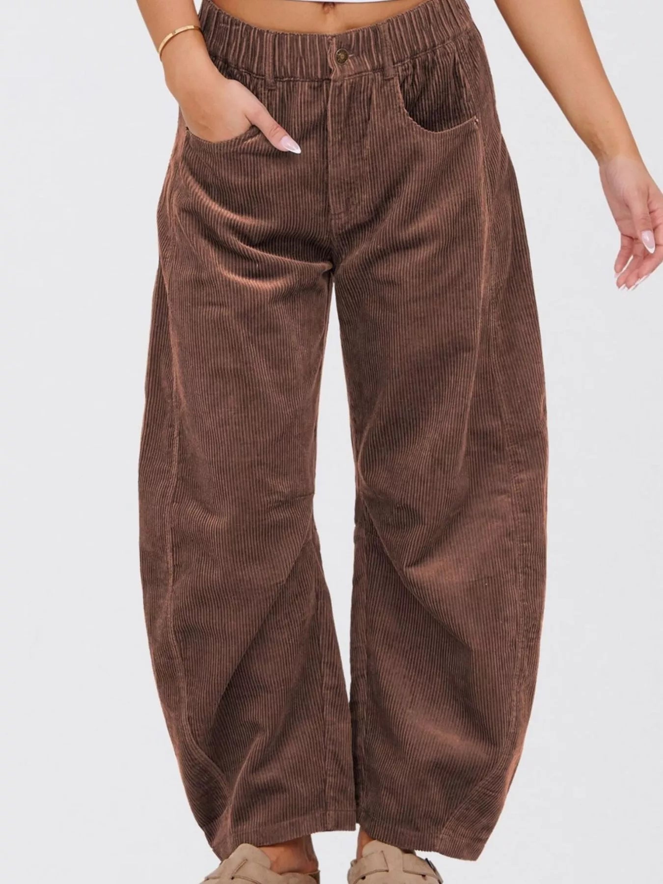 Sarah Express Women's High Waist Corduroy Wide Leg Pants with Pockets - Casual Button Front Trousers Brown