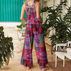 Sarah Express Women's Ethnic Print Jumpsuit Suspender Sleeveless Button Front