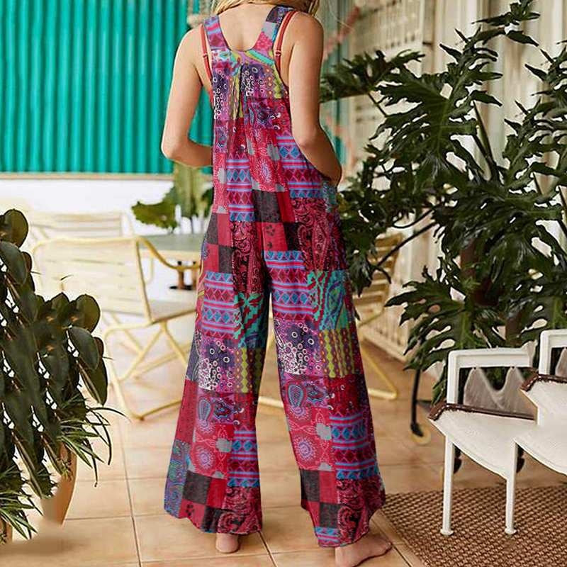 Sarah Express Women's Ethnic Print Jumpsuit Suspender Sleeveless Button Front