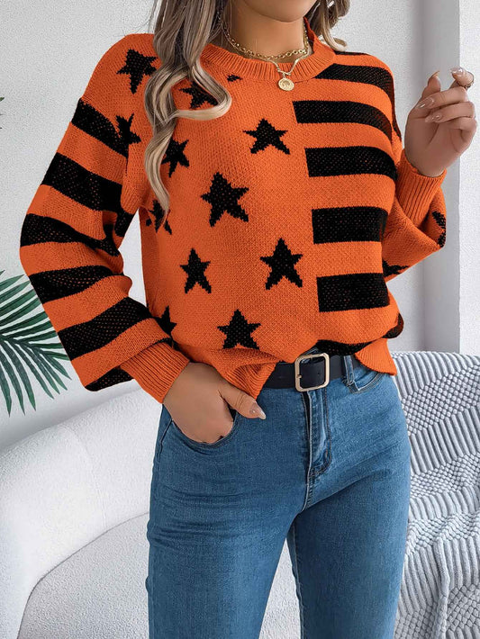 Sarah Express Women Casual Star Stripe Lantern Sleeve Long Sleeve Pullover Sweater
