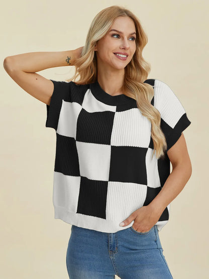 Sarah Express Women's Checkered Round Neck Short Sleeve Sweater