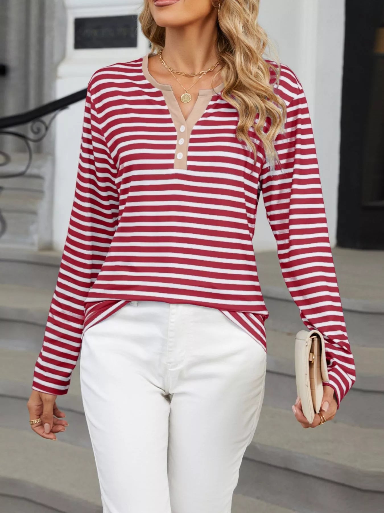 Sarah Express Women's Striped Long Sleeve Henley T-Shirt - Button Front Casual Top Red Bar
