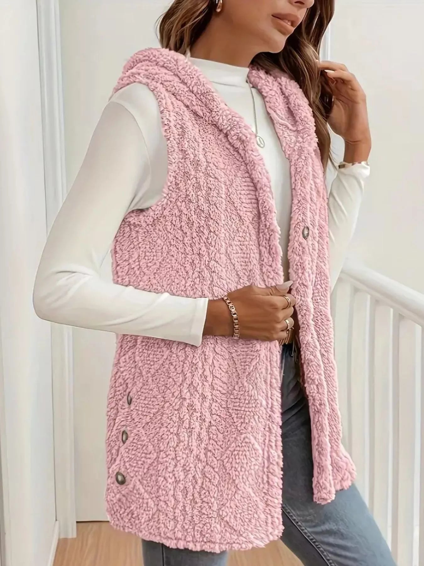 Sarah Express Women's Hooded Button-Up Sherpa Vest Coat