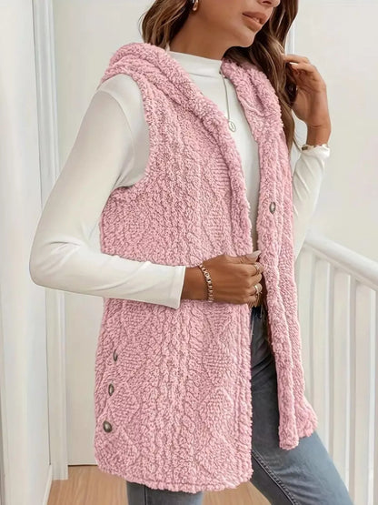 Sarah Express Women's Hooded Button-Up Sherpa Vest Coat