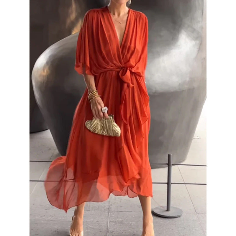 Sarah Express Women's Batwing Sleeve V-Neck Dress Summer Tie Detail Irregular Hem Mid-Length Fairy Dress