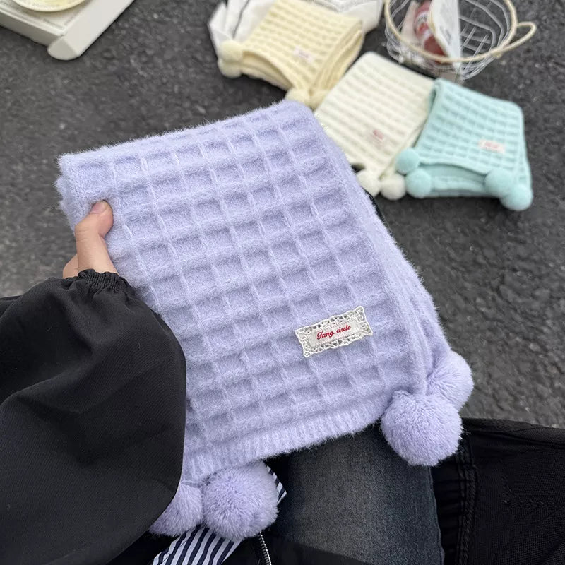 Sarah Express Women's Waffle Knit Pom-Pom Scarf - Cozy Winter Accessory