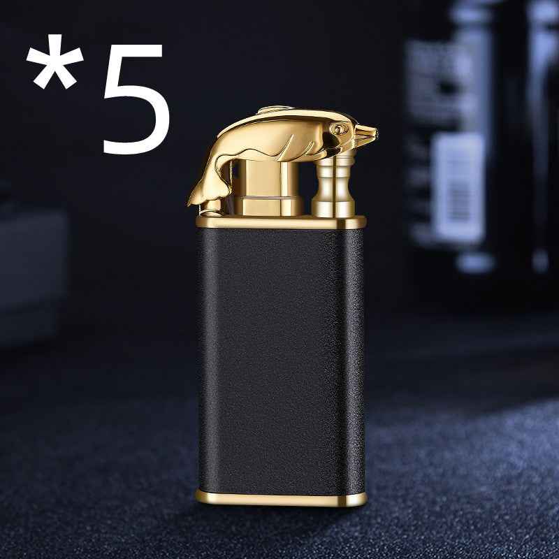 Sarah Express Blue Flame Metal Lighter - Windproof Butane Lighter with Dolphin Dragon Design Black Scrub Dolphin bk872 5PCS