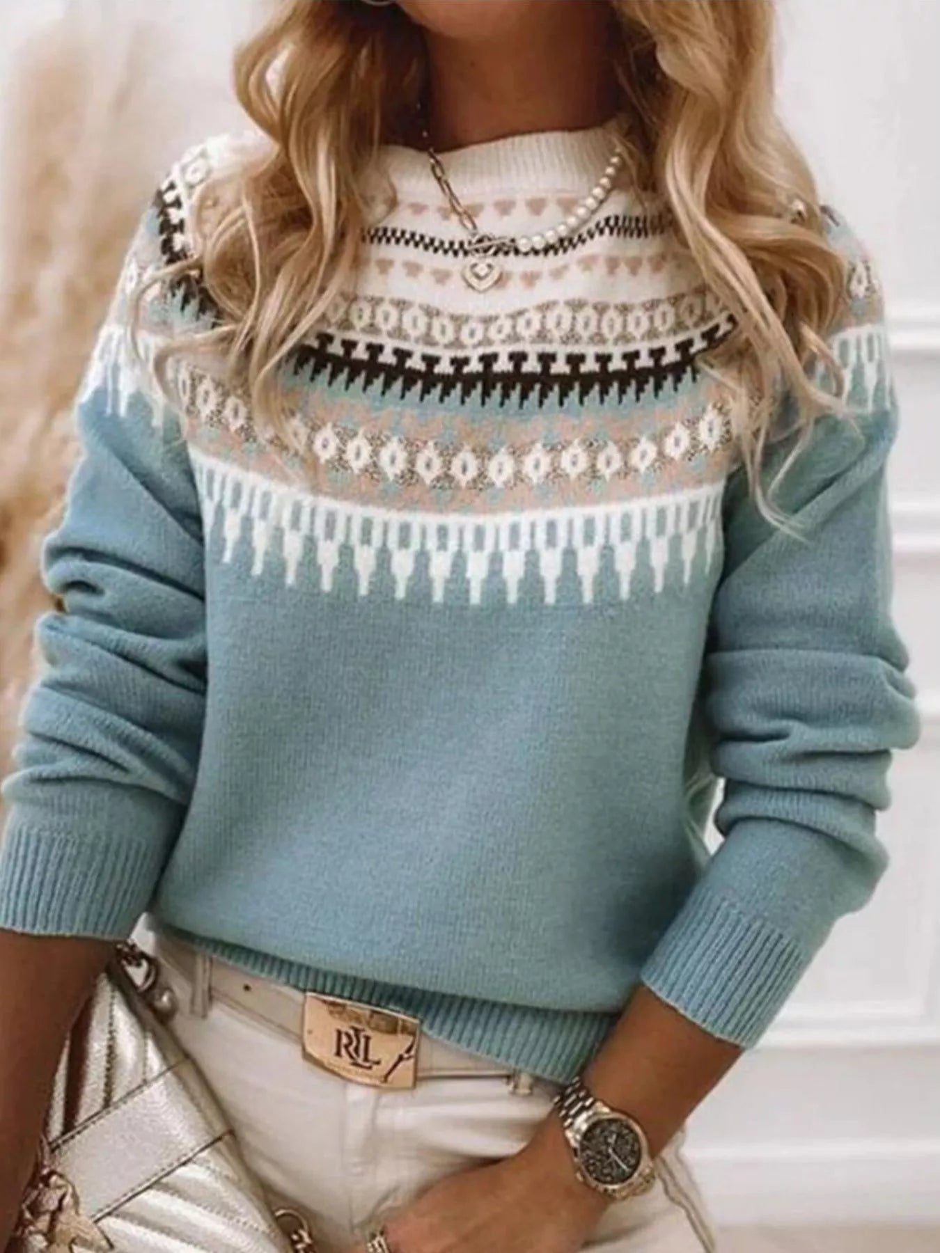 Sarah Express Women's Vintage Patterned Round Neck Sweater Plus Size Air Force Blue