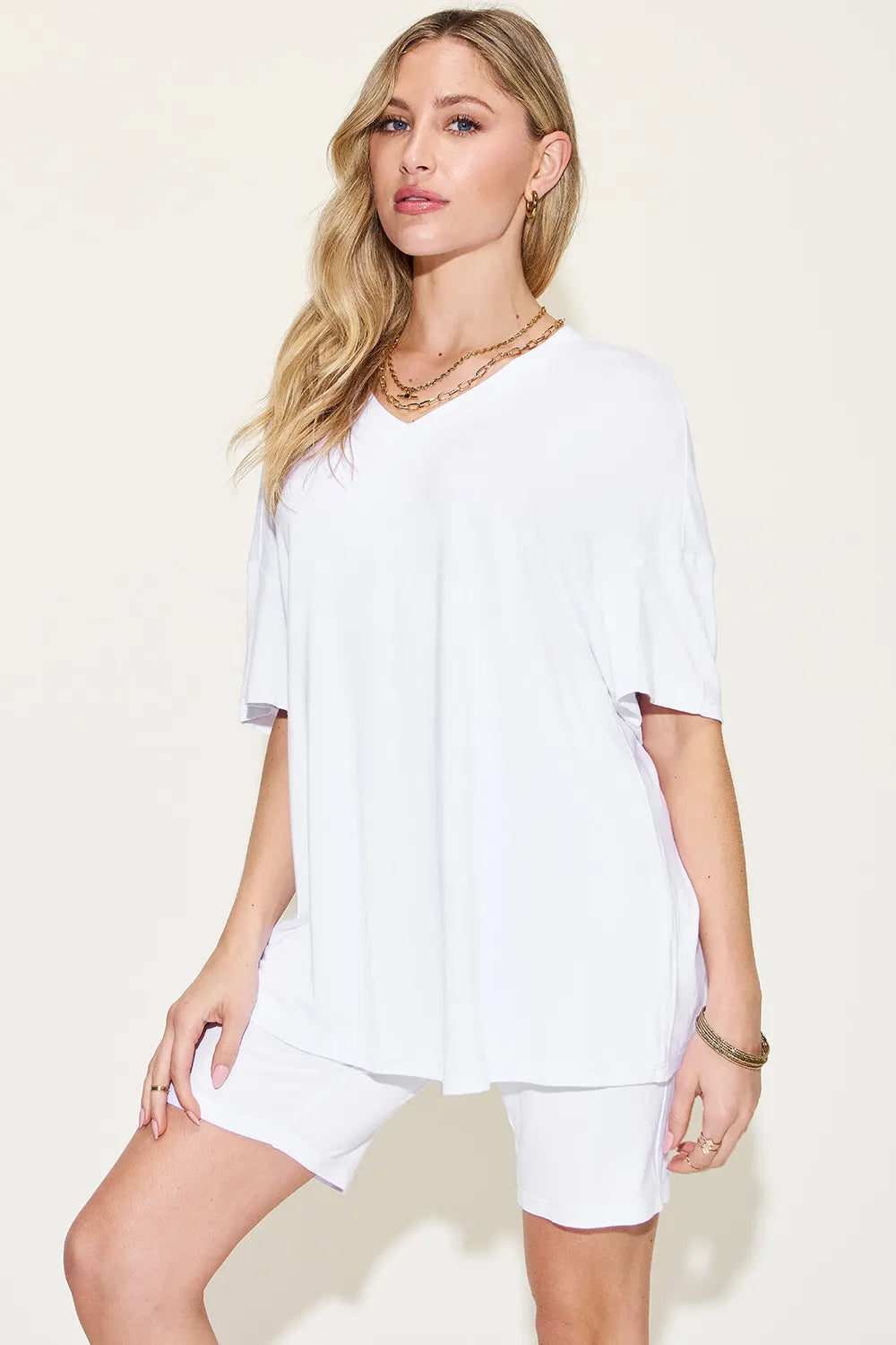Women's Plus Size V-Neck T-Shirt & Shorts Lounge Set | Fast Shipping
