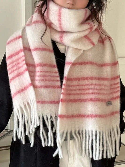 Sarah Express Women's Cozy Striped Fringe Hem Scarf Pink One Size