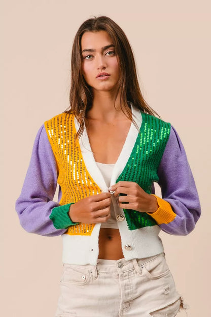 Sarah Express Women's Mardi Gras Color Block Sequin Sweater Cardigan