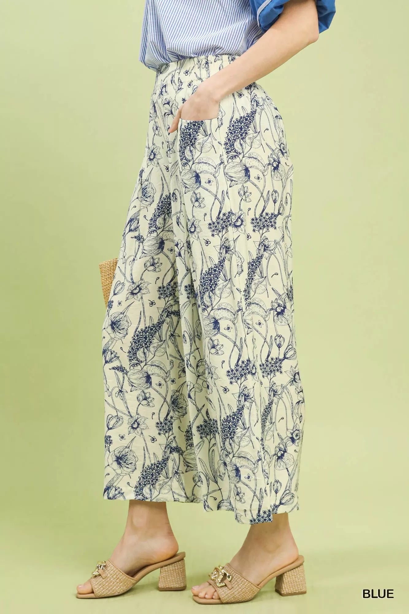 Sarah Express Women's Two Tone Floral Print Wide Leg Pants with Pockets