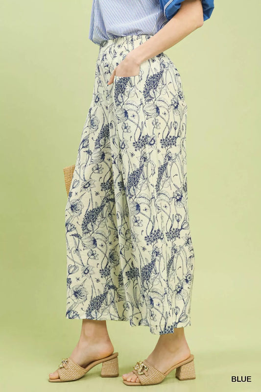 Sarah Express Women's Two Tone Floral Print Wide Leg Pants with Pockets