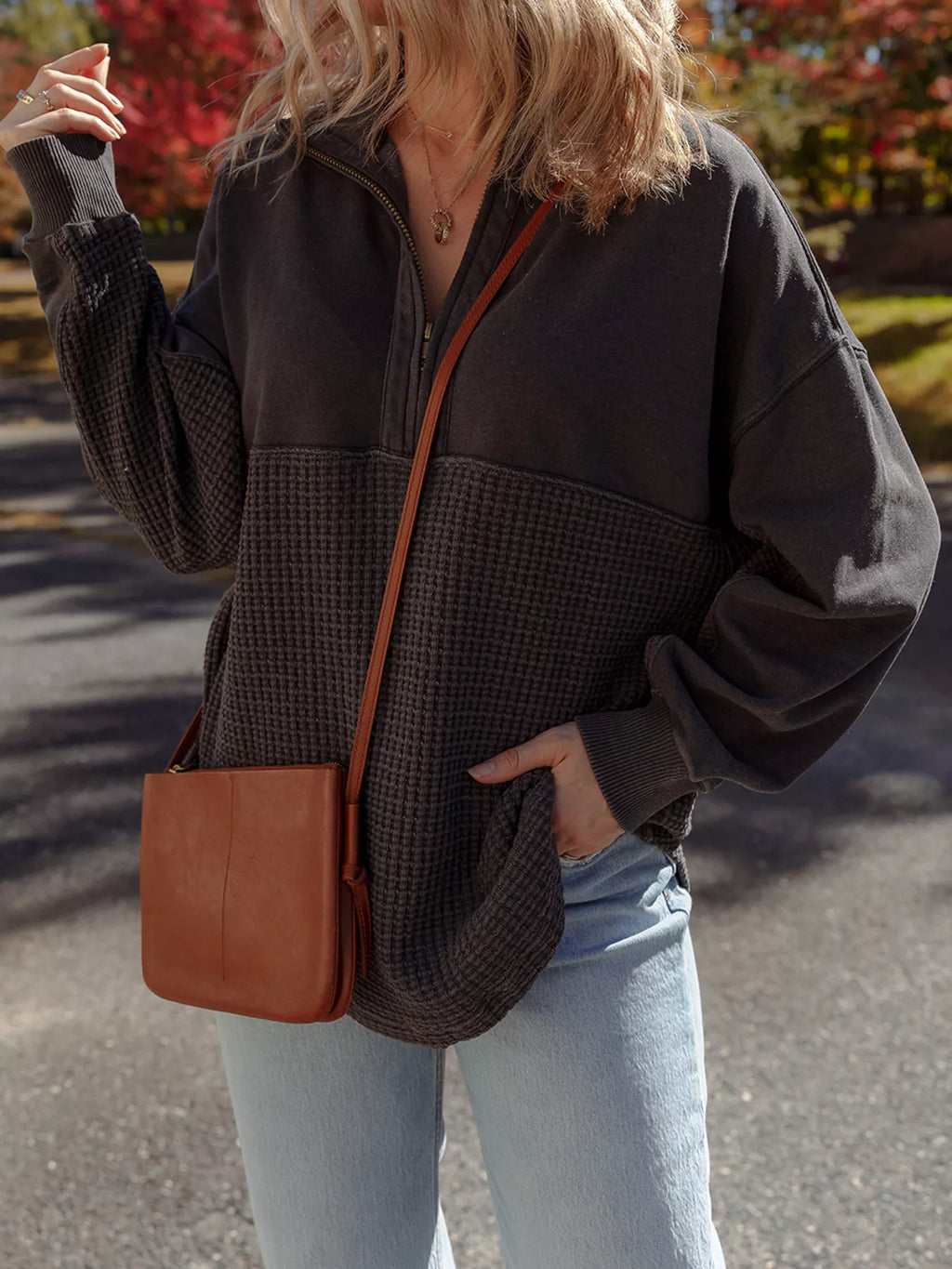 Sarah Express Women's Waffle Knit Patchwork Half Zip Casual Sweatshirt