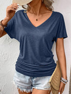 Sarah Express Women's V-Neck Ruched T-Shirt - Solid Color Short Sleeve Casual Knit Top