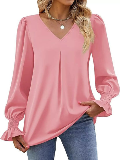 Sarah Express Women's V-Neck Long Sleeve Ruffle Cuff Blouse Pink