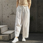 Sarah Express Women's Linen Cropped Pants - Washed Artistic Baggy Trousers with Embroidery & Belt