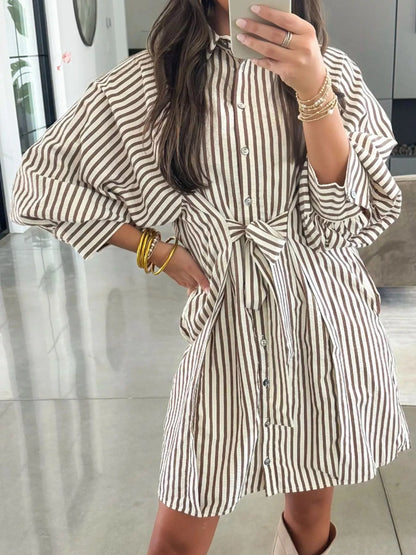 Sarah Express Women's Striped Tie Waist Shirt Dress