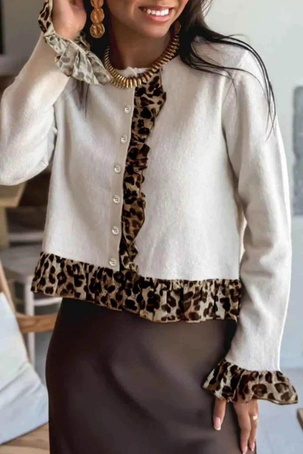 Leopard Trim Ruffle Cardigan