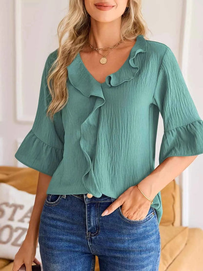 Sarah Express Women's Ruffled Flounce Sleeve Blouse - Elegant Polyester Top