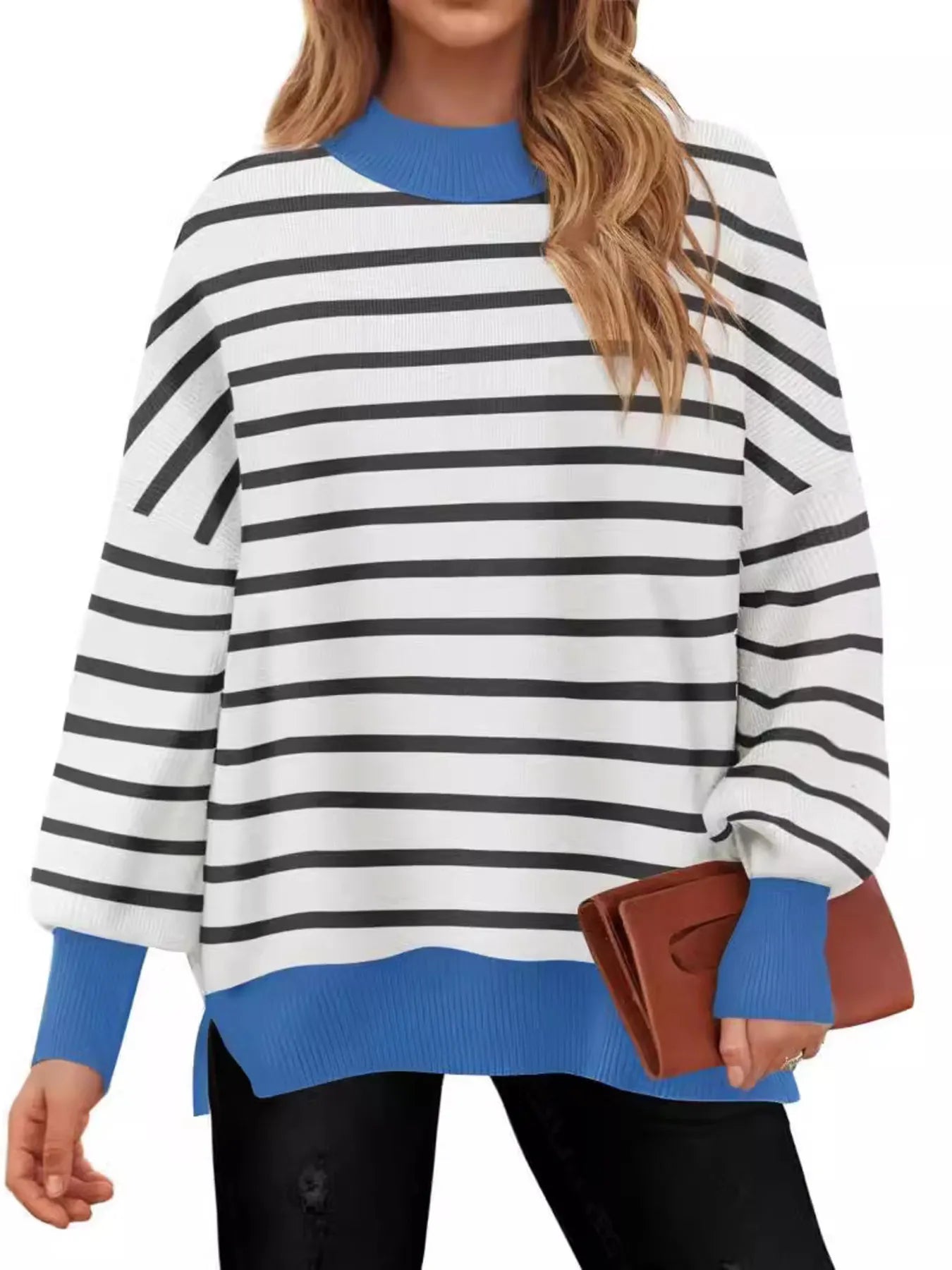 Sarah Express Women's Striped Round Neck Long Sleeve Sweater - Oversized Fit Blue